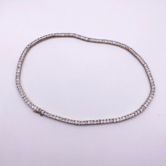 Sterling Silver Square CZ Tenis Necklace Gold Plated 32” - Picture 3 of 6